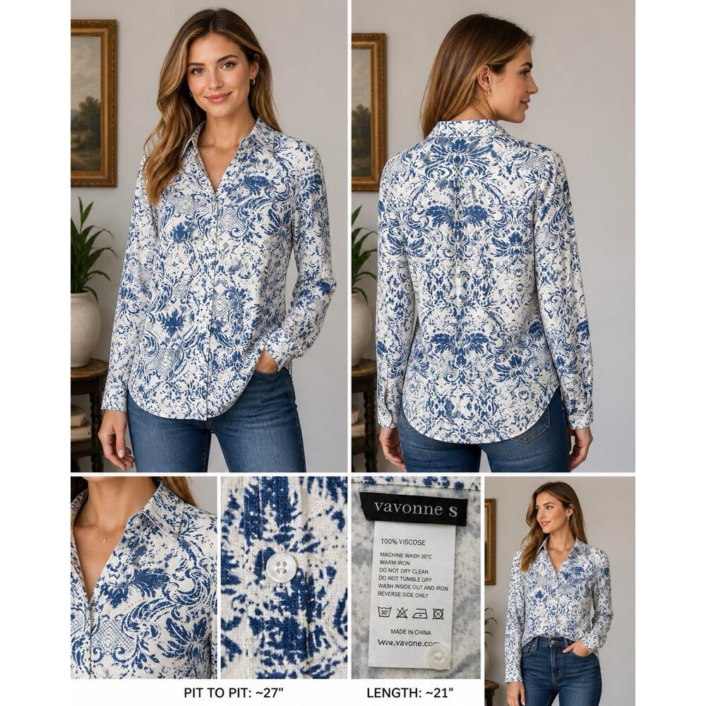 Vavonne Blue White Toile Blouse S Button Up Cottagecore French Vintage Style